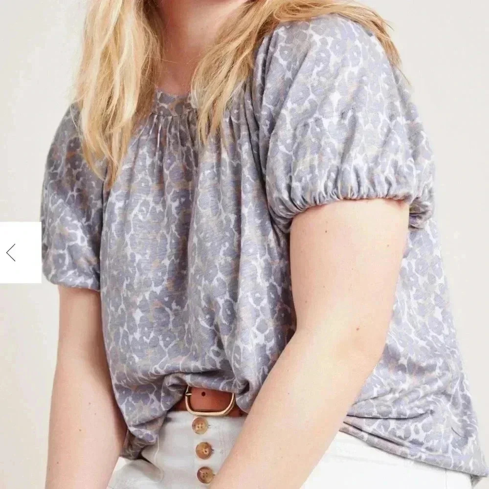 Maeve by Anthropologie Linen Leopard Print Puff-Sleeved Top